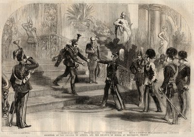 वीमर (जर्मनी) में बेल्वेडियर में रूसी ज़ार अलेक्जेंडर II (1818-1881) और ऑस्ट्रियाई सम्राट फ्रेंकोइस जोसेफ I (1830-1916) के बीच बैठक। बाएं से दाएं अलेक्जेंडर II, फ्रेंकोइस जोसेफ I, सैक्सोनी-वीमर-एसेनाच के चार्ल्स अलेक्जेंडर ड्यूक हैं द्वारा अज्ञात कलाकार