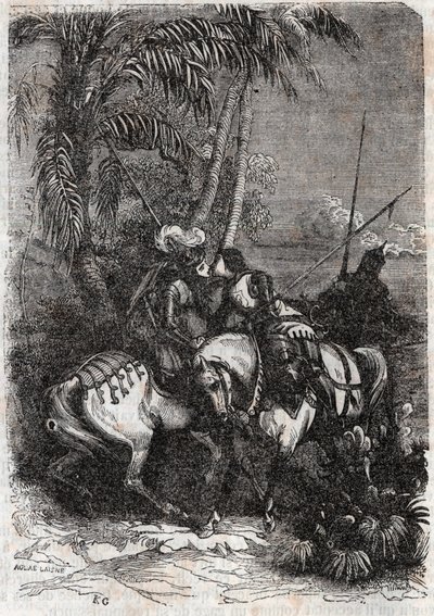 मार्फिस (मार्फिसा), एस्टोल्फे (एस्टोल्फो) और सेन्सोनेट (सैन्सोनेटो) की बैठक - लुडोविको एरियोस्टो द्वारा "" रोलैंड फ्यूरिएक्स" (ऑरलैंडो फ्यूरियोसो) (16 वीं शताब्दी) से 1851 की उत्कीर्णन, जिसे एरियोस्टा के रूप में जाना जाता है - संस्करण इतालवी द्वारा अज्ञात कलाकार