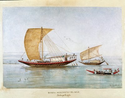 प्राचीन मिस्र में नील नदी पर व्यापारी जहाज (Watercolor .) द्वारा अज्ञात कलाकार