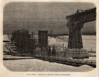 मेटा ब्रिज (यूक्रेन), निर्माणाधीन। 1869 में विलियम हेपवर्थ डिक्सन द्वारा ला रूसी लिब्रे को चित्रित करने के लिए उत्कीर्णन, "ले टूर डू मोंडे"" 1872 में प्रकाशित, एडौर्ड चार्टन, हैचेट संस्करण, पेरिस द्वारा संपादित। सेल्वा संग्रह। द्वारा अज्ञात कलाकार