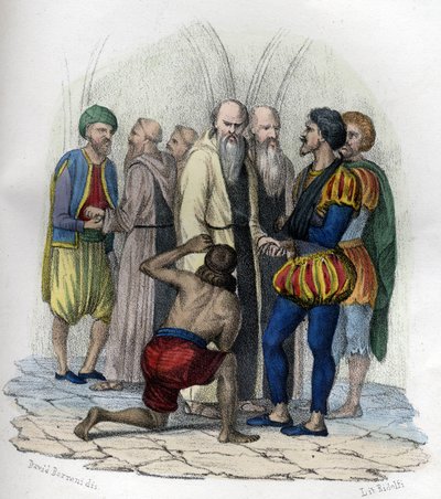 मिगुएल डे सर्वेंट्स (1547-1616), स्पेनिश लेखक, 1575 में अल्जीयर्स में कैदी ले लिया गया। लियोन गैलिबर्ट द्वारा "एल'अल्जीरी एंसीन एट मॉडर्न" में। 1846 रंग में इतालवी संस्करण। द्वारा अज्ञात कलाकार