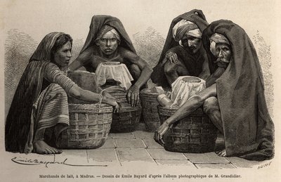 मद्रास (वर्तमान चेन्नई, तमिलनाडु) की गलियों में दूध के व्यापारी। 1862-1864 में अल्फ्रेड ग्रैंडिडियर द्वारा भारत के मेरिडियन प्रांतों में यात्रा को चित्रित करने के लिए, डी'एडौर्ड च के निर्देशन में "ले टूर डू मोंडे" में प्रकाशित किया गया था। द्वारा अज्ञात कलाकार