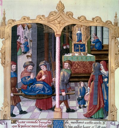 सेंट लुइस के चमत्कार: राजा लुई IX (1214-1270) ने एक लकवाग्रस्त से युद्ध किया। 15 वीं शताब्दी की पांडुलिपि "द बुक ऑफ फैक्ट्स मॉन्सिग्नर सेंट लुइस" से लघु। पेरिस, बीएन द्वारा अज्ञात कलाकार