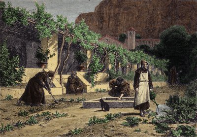 मठ का सब्जी उद्यान : साधु अपने बगीचे में सब्जियां उगाने के लिए बाग लगाते हैं। 19वीं सदी की नक्काशी द्वारा अज्ञात कलाकार