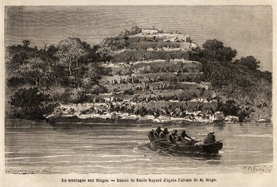 गौइना फॉल्स (माली) के तुरंत बाद सेनेगल नदी के किनारे बंदर पर्वत। 1863 और 1866 के बीच पश्चिमी सूडान में लेफ्टिनेंट मैज की यात्रा की कहानी को चित्रित करने के लिए उत्कीर्णन, डी के तहत "ले टूर डू मोंडे, नोव्यू जर्नल डेस वॉयेज" में प्रकाशित हुआ। द्वारा अज्ञात कलाकार