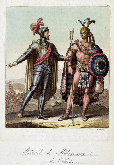 मोंटेज़ुमा II, एज़्टेक किंग, और हर्नान (या हर्नांडो) कोर्टेस या फर्नांड कॉर्टेज़ (1485-1547), स्पेनिश विजेता - फेरारियो, एड द्वारा "" पुरानी और आधुनिक पोशाक "में। मिलन द्वारा अज्ञात कलाकार