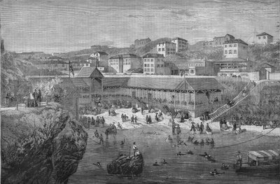 1867 में बियारिट्ज़ के समुद्री स्नान में सुबह। द्वारा अज्ञात कलाकार