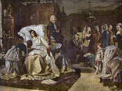 हरमन कौलबैक (1846-1909) की पेंटिंग के बाद मोजार्ट के अंतिम दिन - ग्लि अल्टिमी मोमेंटी डि मोजार्ट - वोल्फगैंग एमेडियस मोजार्ट द्वारा अंतिम दिन - "" लोकप्रिय संगीत """ में उत्कीर्णन शानदार साप्ताहिक समाचार पत्र - 1882 द्वारा अज्ञात कलाकार