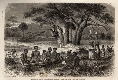 ज़ाम्बीज़ नदी के तट पर मारिम्बा (बालाफ़ोन और प्रीकोलम्बियाई वाद्ययंत्रों का मिश्रण) बजाते संगीतकार। 1840 से 1856 तक डॉ. लिविंगस्टोन की दक्षिणी अफ्रीका की पहली यात्राओं का वर्णन करने के लिए उत्कीर्णन, "ले टूर डू मोंडे, नोव्यू जर्नल डेस वॉयेज" में द्वारा अज्ञात कलाकार
