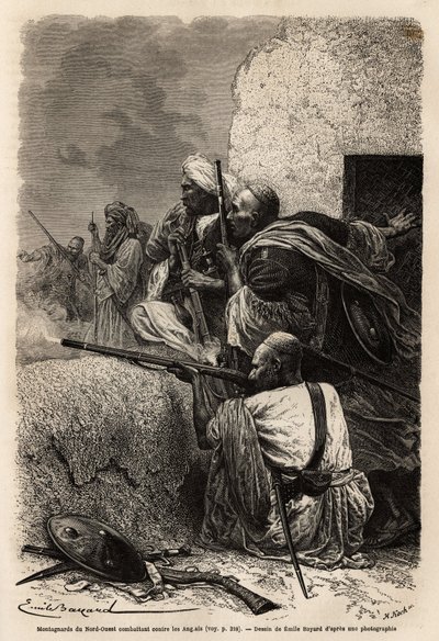 1863 में इस क्षेत्र में गांवों की लूट को रोकने के लिए एक अंग्रेजी अभियान से लड़ते हुए, मुस्लिम पर्वतारोही स्वात के पहाड़ों में बस गए। 1866 में गिलौम लेजेन द्वारा पांडजाब और कश्मीर की कहानी को चित्रित करने के लिए उत्कीर्णन, "ले टूर डू" में प्रकाशि द्वारा अज्ञात कलाकार