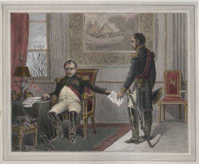 नेपोलियन ने अपने पदत्याग 1814 पर हस्ताक्षर किए - नेपोलियन बोनापार्ट (1769-1821) ने अपने पहले पदत्याग के दौरान फॉनटेनब्लियू में, अप्रैल 1814 में हस्ताक्षर किए "लेस फास्ट्स पॉप्युलैरेस, ओ हिस्टोइरे डेस हीरोइक्स डू पीपल एट डी सन इंपैक्ट सुर लेस साइंसेज,  द्वारा अज्ञात कलाकार