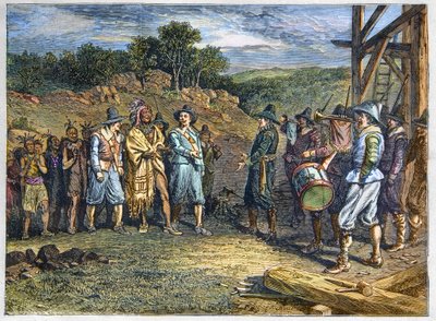 अमेरिका की मूल जनसंख्या: भारतीय। बसने वालों ने मासासोइट (1590-1661) से मुलाकात की, जिसे ओसामेक्विन "येलो फेदर" के रूप में भी जाना जाता है, जो वैम्पानोग जनजाति के प्रमुख, प्लायमाउथ कॉलोनी, वर्ष 1620। वैम्पानोग नेता मासासोइट प्लायमाउथ में उपनिवेशवा द्वारा अज्ञात कलाकार