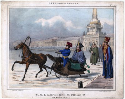 निकोलस I एन ट्रेनेउ - रूस के निकोलस I एक बेपहियों की गाड़ी में - बेनामी - 1850 - लिथोग्राफ, वॉटरकलर - 21,3x26,8 - निजी संग्रह द्वारा अज्ञात कलाकार