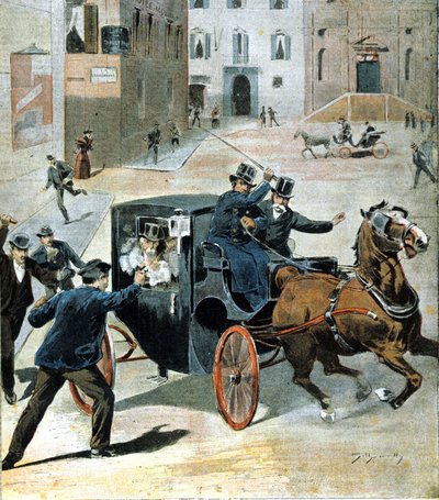 16 जून 1894 को रोम में, अराजकतावादी पाओलो लेगा ने इतालवी परिषद के अध्यक्ष फ्रांसेस्को क्रिस्पी पर एक रिवॉल्वर से फायर किया। अवधि का चित्रण। द्वारा अज्ञात कलाकार
