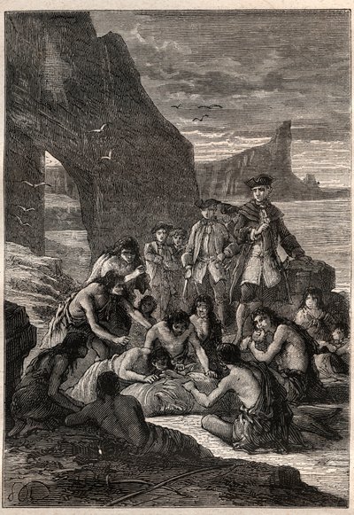 उनमें से एक ने दांतों के साथ डिकॉउंड किया: वाइस-एडमिरल जॉन बायरन (1723-1786) मैगेलन के डेट्रायट के द्वीपों में से एक पर - फुएजियन (टिएरा डेल फुएगो के निवासी) अपने दांतों के साथ एक व्हेल जो फटी और डरी हुई थी समुद्र तट पर - बीमार द्वारा अज्ञात कलाकार