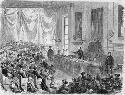 1867 में सोरबोन में युवा लड़कियों के लिए पाठ्यक्रम खोलना। श्री लिक्स के चित्र से उत्कीर्णन द्वारा अज्ञात कलाकार