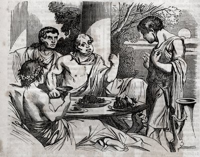 बाहरी भोज का दृश्य - विटेलियस (ऑलस विटेलियस जर्मेनिकस इंपीरेटर ऑगस्टस) रोमन सम्राट (15-69) एक दावत देते हुए - "" द यूनिवर्सल हेल्थ - मेडिकल गाइड फॉर फैमिलीज "" 1852 में उत्कीर्णन द्वारा अज्ञात कलाकार
