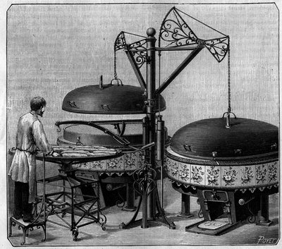 पेरिस में एवेन्यू डी ल'ओपेरा के यांत्रिक बेकरी के ओवन। 22 अगस्त 1885 को "" प्रकृति: विज्ञान और कला और उद्योग के लिए उनके अनुप्रयोगों की समीक्षा "" में उत्कीर्णन। द्वारा अज्ञात कलाकार