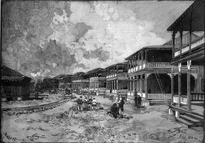 पनामा नहर। क्रिस्टोफर कोलंबस ए कोलन के नए शहर की गली: श्रमिकों का आवास। "" ले मोंडे इलस्ट्र्रे "" में उत्कीर्णन द्वारा अज्ञात कलाकार
