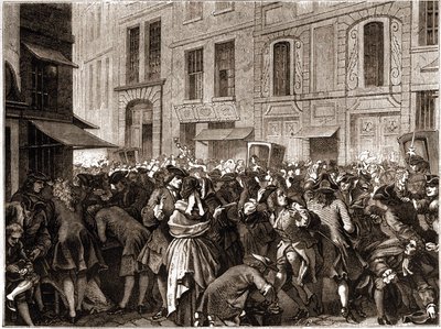 पेरिस IV arrondissement - La rue Quincampoix en 1720 a l'epoque du système de John Law (1671 - 1729) - "" L'agiotage a la rue Quincampoix" (कानून द्वारा दिवालिया होने का कारण) - सट्टेबाजों के साथ rue Quincampoix का दृश्य जॉन लॉ की व् द्वारा अज्ञात कलाकार
