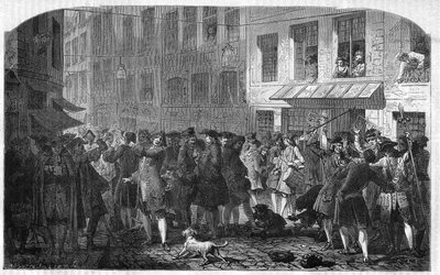 पेरिस IV arrondissement - La rue Quincampoix en 1720 a l'epoque du système de John Law (1671 - 1729) - "" L'agiotage a la rue Quincampoix" (कानून द्वारा दिवालिया होने का कारण) - सट्टेबाजों के साथ rue Quincampoix का दृश्य जॉन लॉ की व् द्वारा अज्ञात कलाकार
