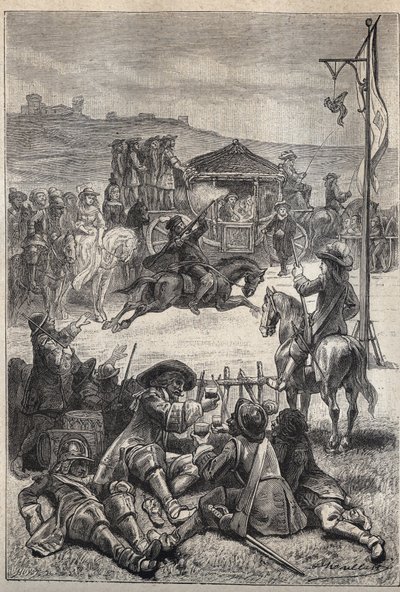 तोता शूटिंग - वाल्टर स्कॉट (1771-1832) द्वारा ऐतिहासिक उपन्यास "द प्यूरिटन्स ऑफ स्कॉटलैंड" (ओल्ड मॉर्टेलिटी) के लिए 19वीं सदी का चित्रण द्वारा अज्ञात कलाकार