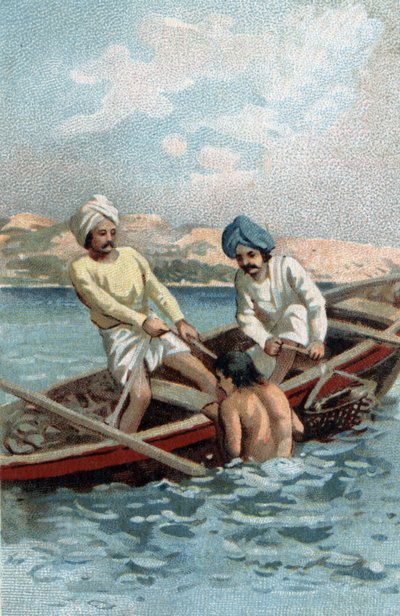 सीलोन में मोती कस्तूरी के Pecheurs। 19 वीं शताब्दी के उत्तरार्ध की क्रोमोलिटोग्राफी। द्वारा अज्ञात कलाकार