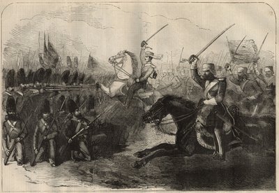 फ़ारसी एंग्लो (एंग्लो-फ़ारसी) युद्ध (1856-1857): 8 फरवरी को कूश-अब (कूश अब, कूशाब) की लड़ाई के दौरान कैप्टन फोर्ब्स द्वारा कमान की गई तीसरी ब्रिटिश इंडो कैवेलरी का प्रभार द्वारा अज्ञात कलाकार