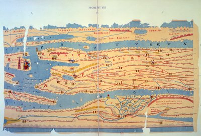 Peutinger तालिका मिस्र और तुर्की में रोमन तरीकों का प्रतिनिधित्व करती है। तीसरी शताब्दी के रोमन साम्राज्य के मानचित्र पर आधारित 13वीं शताब्दी का रोड मैप। पेरिस, बीएन द्वारा अज्ञात कलाकार