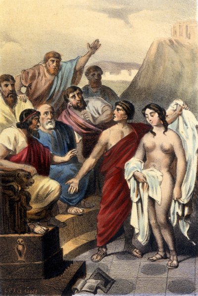 एथेंस के न्यायाधीशों के सामने Phryne (ग्रीक शिष्टाचार)। द्वारा अज्ञात कलाकार