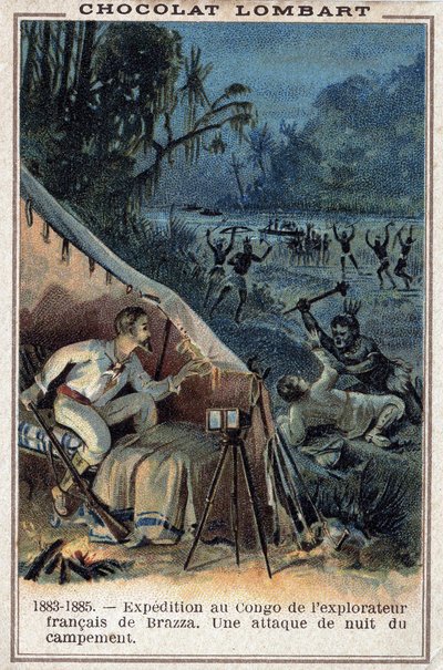 पियरे सवोर्गनन डी ब्रेज़ा (1852-1905), कांगो के तट पर फ्रांसीसी खोजकर्ता। शिविर का एक रात का हमला। द्वारा अज्ञात कलाकार