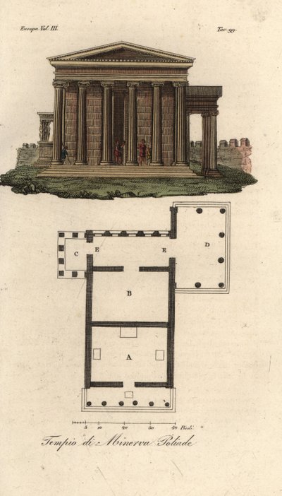 Erechtheion या Erechtheum A की योजना और उन्नयन, नेपच्यून B का मंदिर, Caryatids C के पोर्च के साथ मिनर्वा पोलिया का मंदिर, और Pandrosus या Pandrosion D का मंदिर द्वारा अज्ञात कलाकार