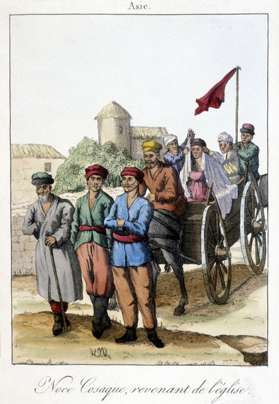 १८११ की प्लेट एक शादी के बाद चर्च से लौटने वाले Cossacks के एक समूह को दर्शाती है। द्वारा अज्ञात कलाकार