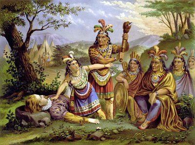 पोकाहोंटस ने कप्तान जॉन स्मिथ को बचाया। 1870 के आसपास क्रोमोलिथोग्राफी। द्वारा अज्ञात कलाकार