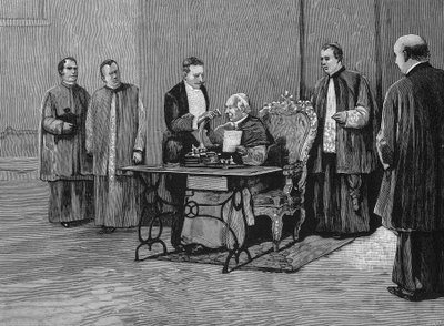 पोप लियोन XIII (1810-1903) अमेरिकी लोगों को फोनोग्राफ द्वारा रिकॉर्ड की गई जयंती का अपना संदेश भेजता है। 19वीं सदी की नक्काशी। द्वारा अज्ञात कलाकार