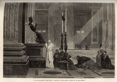 पोप पायस IX (पियो 9) (1792-1878) वेटिकन में बेसिलिका के प्रवेश द्वार पर सेंट पीटर की मूर्ति के पैर में एकत्र हुए। 1864-1868 में फ्रांसिस वे द्वारा रोम की कहानी को चित्रित करने के लिए उत्कीर्णन, "ले टूर डू मोंडे" में प्रकाशित, डी'एडौअर द्वारा  द्वारा अज्ञात कलाकार