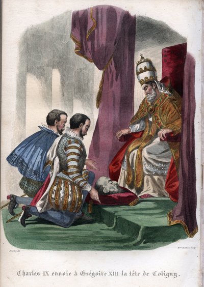 पोप पोप ग्रेगरी XIII (1502-1585) को फ्रांस के राजा चार्ल्स IX (1550-1574) से उपहार के रूप में 1572 में सेंट बार्थोलोम्यू दिवस नरसंहार पर हत्या कर दी गई गैस्पर्ड डी कॉलिग्नी (1519-1572) का सिर प्राप्त होता है। द्वारा अज्ञात कलाकार
