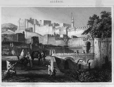 अल्जीयर्स में पोर्टे बाब-अज़ौन, 1830 में फ्रांस द्वारा एगरी की विजय के दौरान एस्कर्स के विभाजन द्वारा कब्जा कर लिया गया एक किला, लियोन गैलिबर्ट द्वारा "एल'अल्जीरी एंसीन एट मॉडर्न" में द्वारा अज्ञात कलाकार