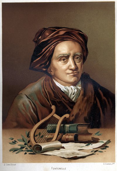 फोंटेनेल (1657-1757) द्वारा बर्नार्ड ले बॉयर (ले बोवियर) का पोर्ट्रेट। 19 वीं शताब्दी के अंत की क्रोमोलिथोग्राफी। लुई फिगुएर द्वारा "ला सिएनसिया वाई सस होम्ब्रेस" पर आधारित। बार्सिलोना 1881 द्वारा अज्ञात कलाकार