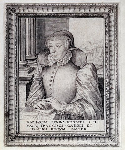 कैथरीन डी मेडिसिस (कैटरिना डी मेडिसी) (1519-1589), फ्रांस की रानी का पोर्ट्रेट। 16वीं शताब्दी की नक्काशी। पऊ, मुसी दू चेटो द्वारा अज्ञात कलाकार