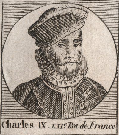 चार्ल्स IX (1550-1574) का पोर्ट्रेट, फ्रांस के राजा - 1560 से 1574 तक फ्रांस के चार्ल्स IX राजा - चार्ल्स कॉन्स्टेंट ले टेलर 1821 द्वारा "इंस्ट्रक्शन सुर ल हिस्टोइरे डी फ्रांस" से उत्कीर्णन द्वारा अज्ञात कलाकार