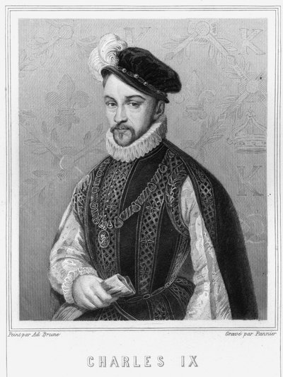 चार्ल्स IX (1550 - 1574) का चित्र, फ्रांस के राजा - "हिस्टोइरे डेस फ़्रैंकैस" में "लवल्ली द्वारा, उत्कीर्णन, एन डी। द्वारा अज्ञात कलाकार