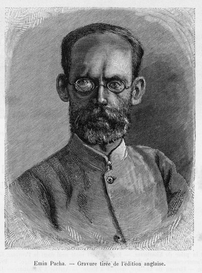 एमिन पाशा (इसाक एडुआर्ड श्निट्जर 1840-1892) का पोर्ट्रेट, मिस्र के इक्वेटोरिया प्रांत के डॉक्टर, प्रकृतिवादी, खोजकर्ता और गवर्नर। उत्कीर्णन, कहानी को चित्रित करने के लिए Dans les shadbres de l'Afrique, शोध की खोज की और एमिन पाचा द्वारा पीछे हटना द्वारा अज्ञात कलाकार