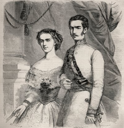 ऑस्ट्रिया के सम्राट फ्रेंकोइस जोसेफ (फ्रेंकोइस जोसेफ) I (1830-1916) और उनकी पत्नी विटल्सबैक (1837-1898) (सिसी) की पत्नी एलिजाबेथ का पोर्ट्रेट। 1857 से "ले मोंडे शानदार" में उत्कीर्णन। निजी संग्रह। द्वारा अज्ञात कलाकार