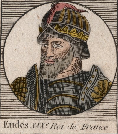 पोर्ट्रेट ऑफ़ यूड्स (ओडन) (v. 860 - 898), काउंट ऑफ़ पेरिस और ट्रॉयज़, फिर फ़्रांस के राजा - चार्ल्स सम्राट के बयान के बाद फ्रांसीसी सिंहासन के लिए चुने गए पेरिस की EUDES गिनती - "निर्देश सुर ल हिस्टोइरे डे" से उत्कीर्णन फ्रांस ”” चार्ल्स कॉन्स्टे द्वारा अज्ञात कलाकार