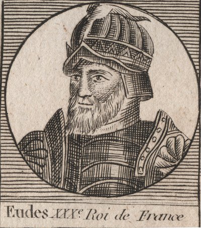 पोर्ट्रेट ऑफ़ यूड्स (ओडन) (v. 860 - 898), काउंट ऑफ़ पेरिस और ट्रॉयज़, फिर फ़्रांस के राजा - चार्ल्स सम्राट के बयान के बाद फ्रांसीसी सिंहासन के लिए चुने गए पेरिस की EUDES गिनती - "निर्देश सुर ल हिस्टोइरे डे" से उत्कीर्णन फ्रांस ”” चार्ल्स कॉन्स्टे द्वारा अज्ञात कलाकार