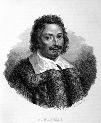 इवेंजेलिस्टा टोरिसेली या टोरिसेली (1608 - 1647), इतालवी भौतिक विज्ञानी का पोर्ट्रेट। 19वीं सदी की इतालवी उत्कीर्णन द्वारा अज्ञात कलाकार