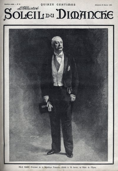 फेलिक्स फॉरे का पोर्ट्रेट (1841-1899), फ्रांसीसी गणराज्य के राष्ट्रपति ने उनकी मृत्यु के दौरान 16 फरवरी को पालिस डी एल एलिसी में प्रकाशित किया। "" ले सन-डु-डिमांचे" में उत्कीर्णन, 28 फरवरी द्वारा अज्ञात कलाकार