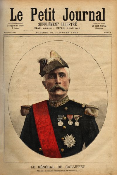 जनरल मार्क्विस गैस्टन डी गैलिफेट (1830-1909) का पोर्ट्रेट, सेना कमांडर, 1879 में गणतंत्र के राष्ट्रपति पद के लिए उम्मीदवार और 1899 में युद्ध मंत्री। 24/01/1891 में "" ले पेटिट जर्नल इलस्ट्रियस" में उत्कीर्णन। सेल्वा का संग्रह। द्वारा अज्ञात कलाकार