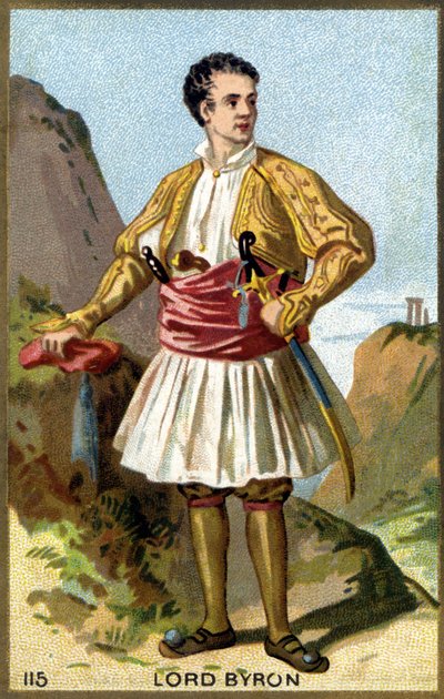 जॉर्ज गॉर्डन नोएल का पोर्ट्रेट, 6 वें बैरन बायरन, लॉर्ड बायरन (1788 - 1824) ने ग्रीक कपड़े पहने। 19 वीं शताब्दी की क्रोमोलिथोग्राफी। द्वारा अज्ञात कलाकार